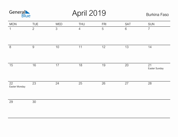 Printable April 2019 Calendar for Burkina Faso