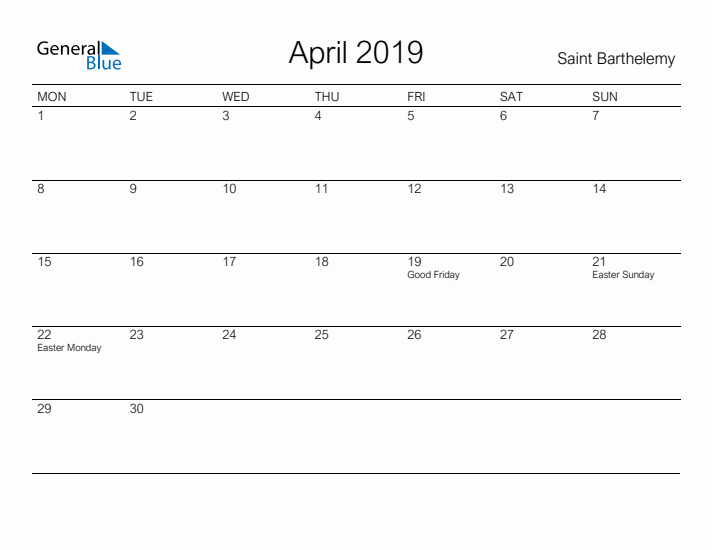 Printable April 2019 Calendar for Saint Barthelemy