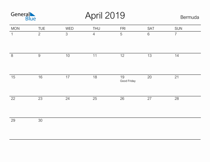 Printable April 2019 Calendar for Bermuda