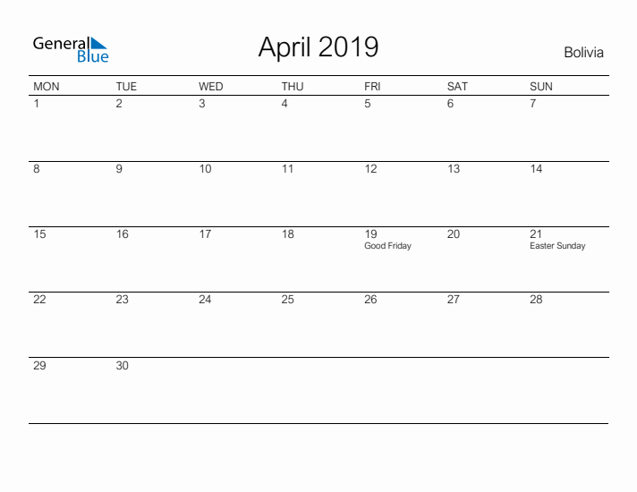 Printable April 2019 Calendar for Bolivia