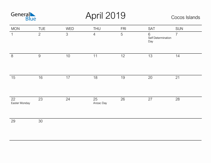 Printable April 2019 Calendar for Cocos Islands