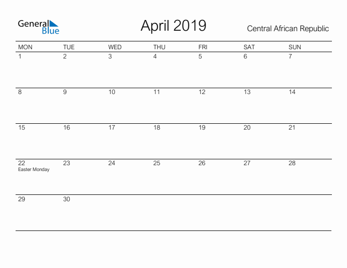 Printable April 2019 Calendar for Central African Republic