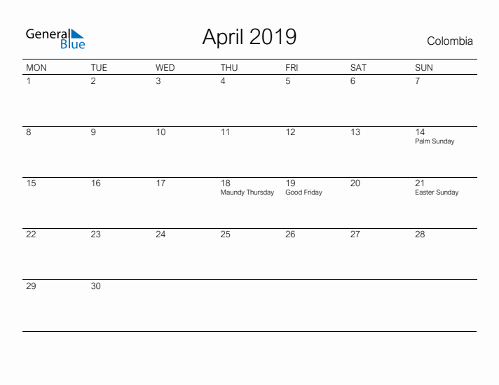 Printable April 2019 Calendar for Colombia