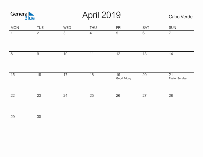 Printable April 2019 Calendar for Cabo Verde