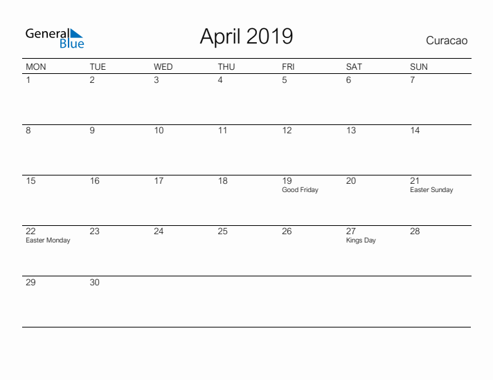 Printable April 2019 Calendar for Curacao
