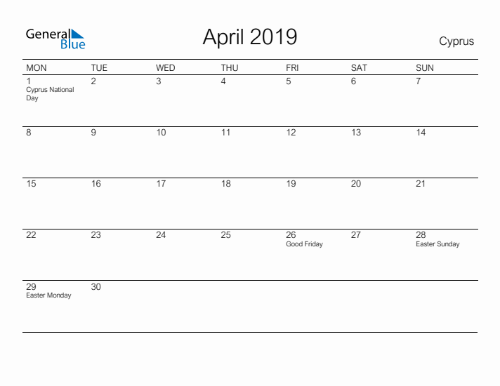 Printable April 2019 Calendar for Cyprus