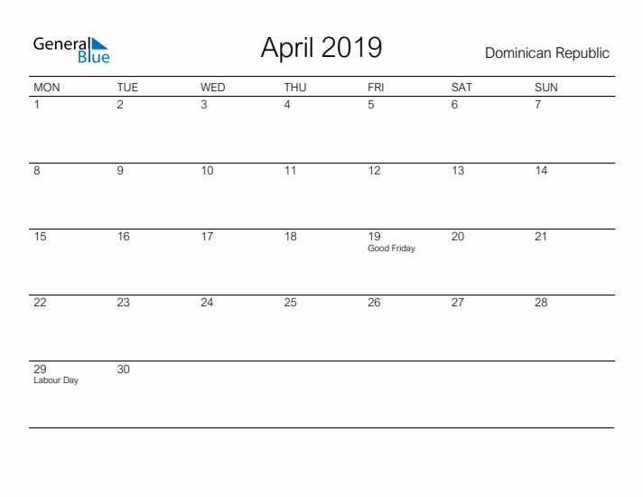 Printable April 2019 Calendar for Dominican Republic