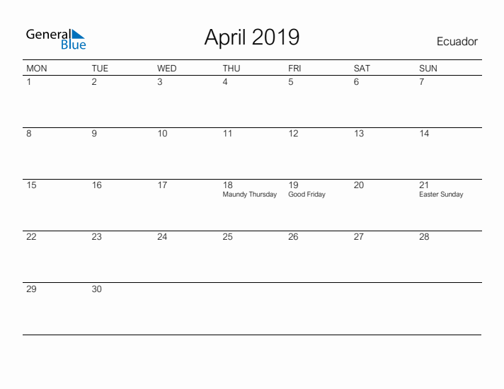 Printable April 2019 Calendar for Ecuador