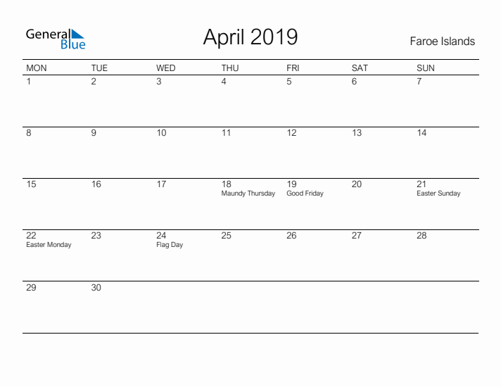 Printable April 2019 Calendar for Faroe Islands