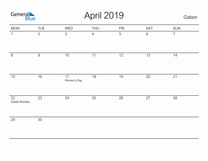Printable April 2019 Calendar for Gabon
