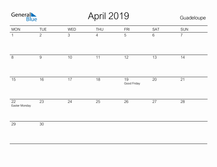 Printable April 2019 Calendar for Guadeloupe