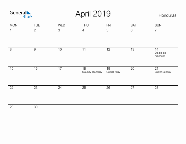 Printable April 2019 Calendar for Honduras