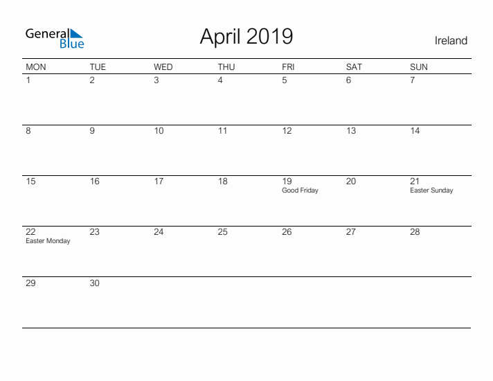 Printable April 2019 Calendar for Ireland