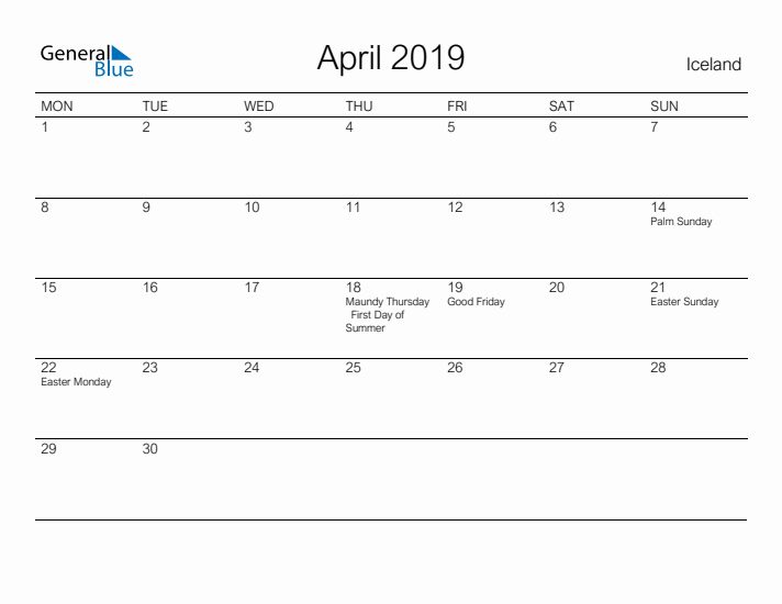 Printable April 2019 Calendar for Iceland