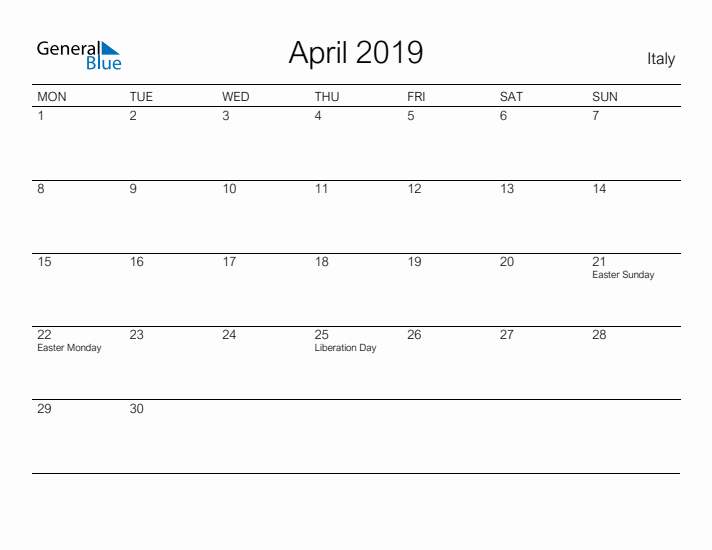 Printable April 2019 Calendar for Italy