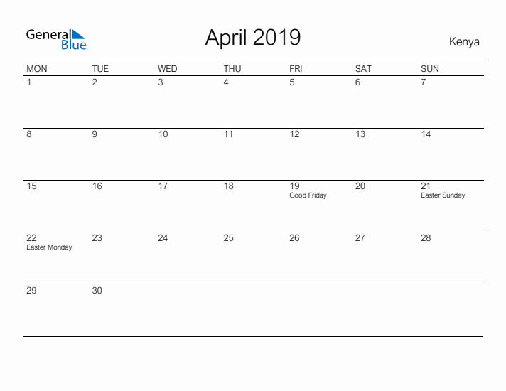 Printable April 2019 Calendar for Kenya