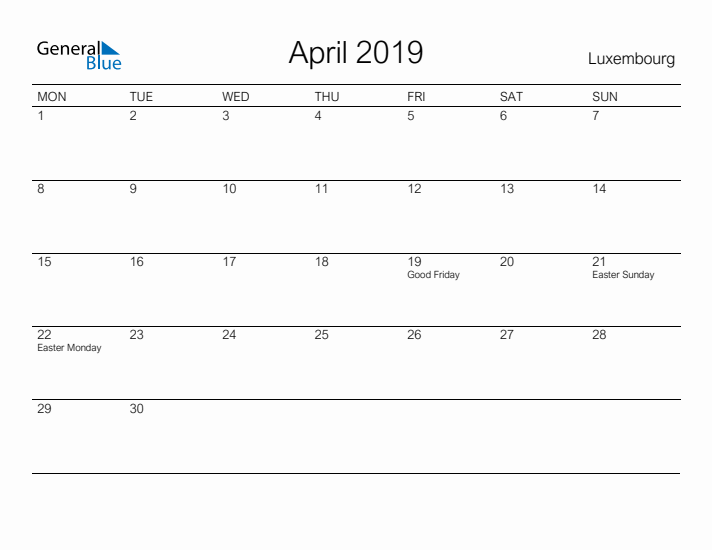 Printable April 2019 Calendar for Luxembourg