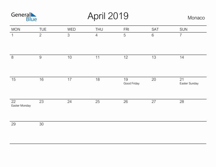 Printable April 2019 Calendar for Monaco