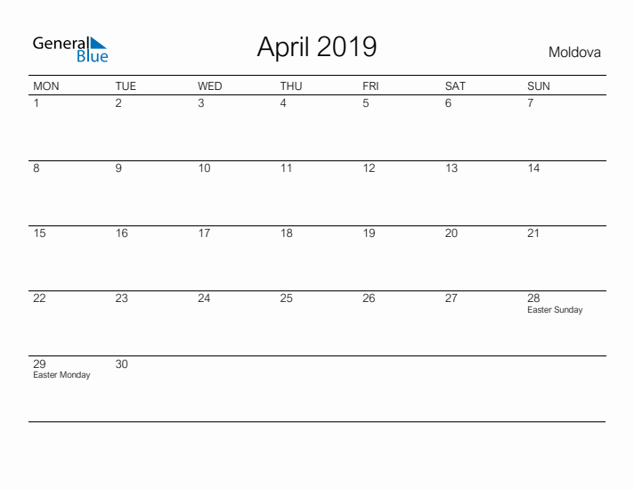 Printable April 2019 Calendar for Moldova