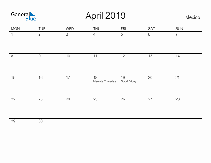 Printable April 2019 Calendar for Mexico