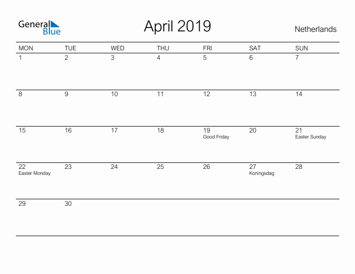 Printable April 2019 Calendar for The Netherlands