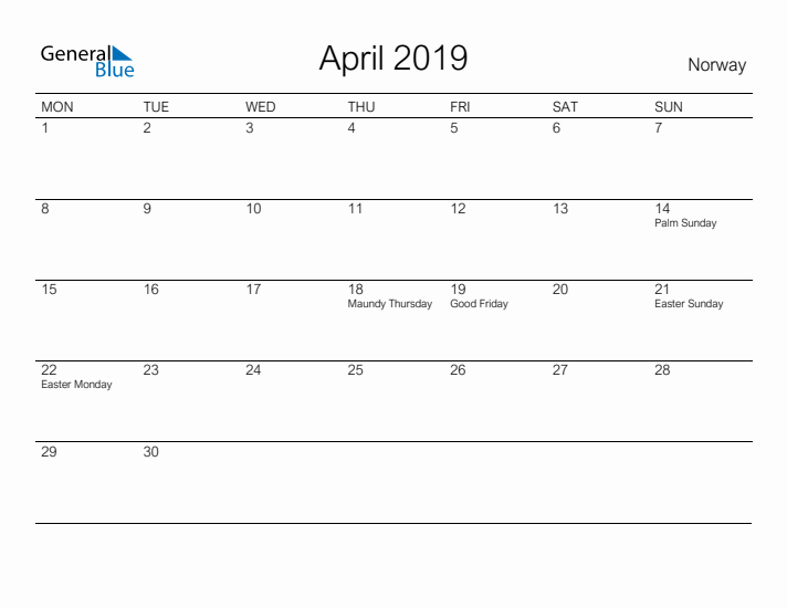 Printable April 2019 Calendar for Norway