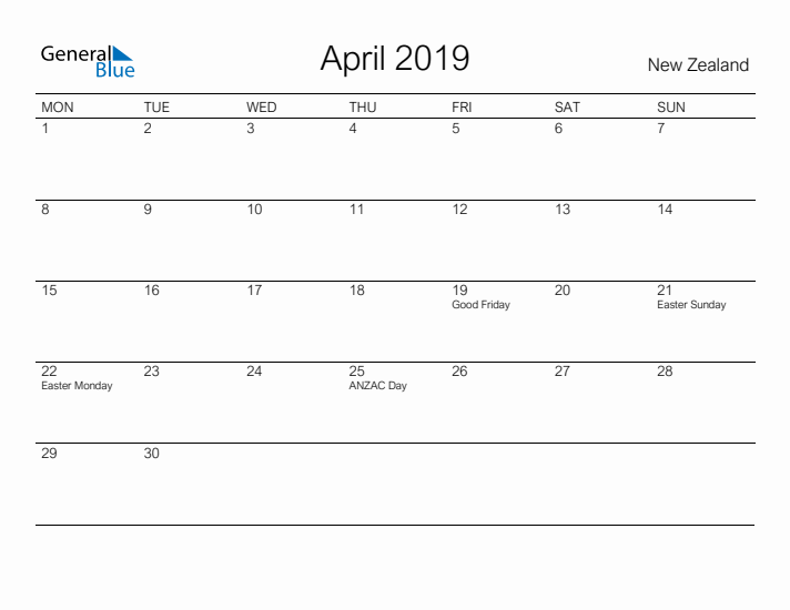 Printable April 2019 Calendar for New Zealand