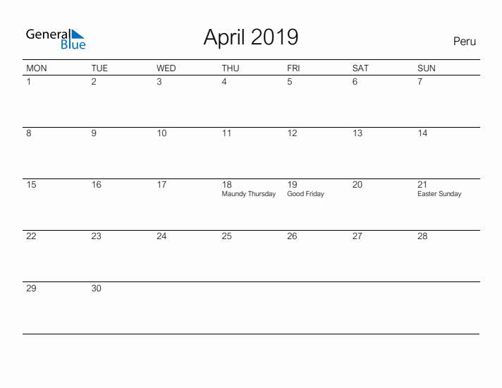 Printable April 2019 Calendar for Peru