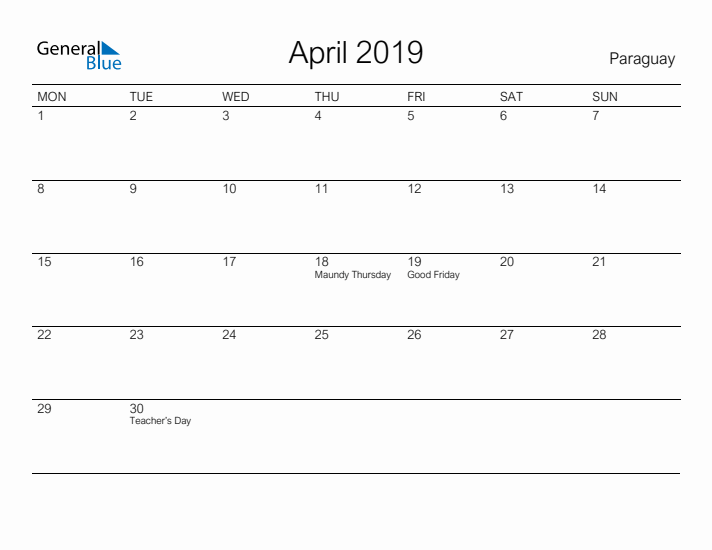 Printable April 2019 Calendar for Paraguay