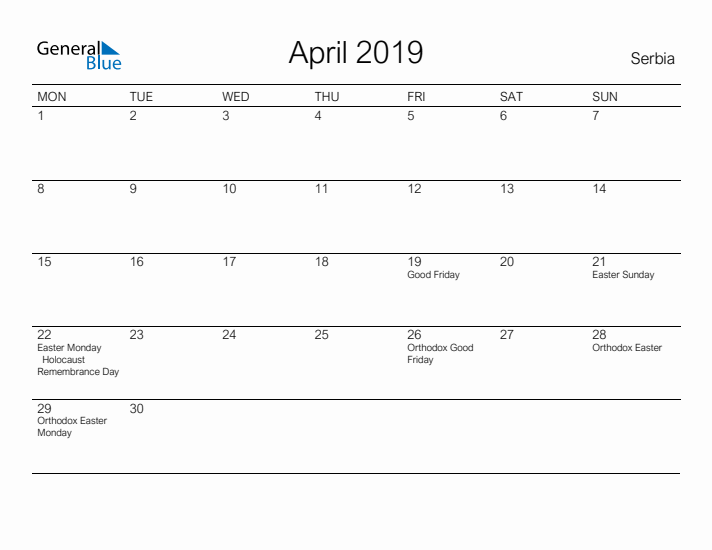 Printable April 2019 Calendar for Serbia