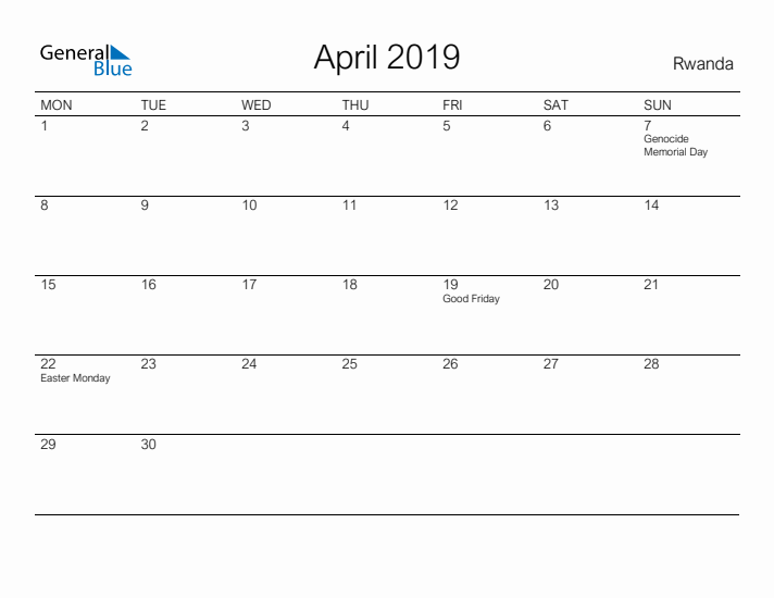 Printable April 2019 Calendar for Rwanda