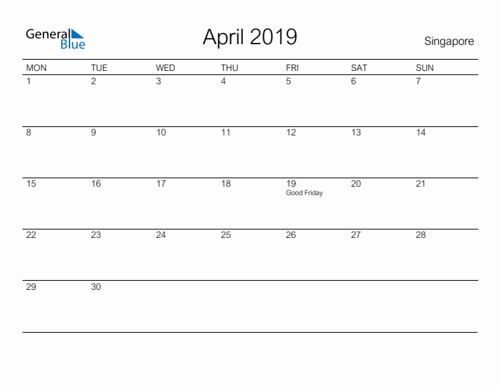 Printable April 2019 Calendar for Singapore