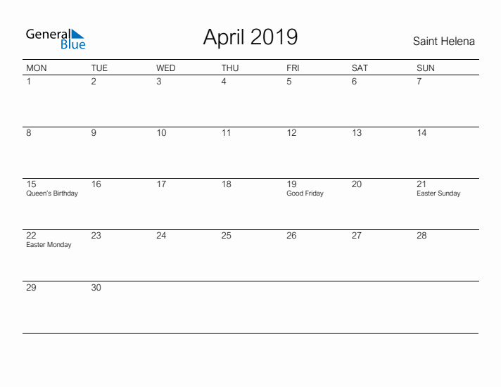 Printable April 2019 Calendar for Saint Helena