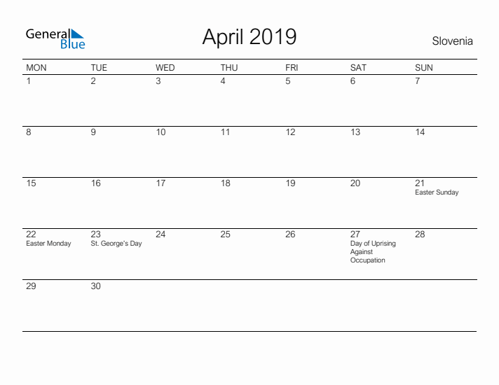 Printable April 2019 Calendar for Slovenia