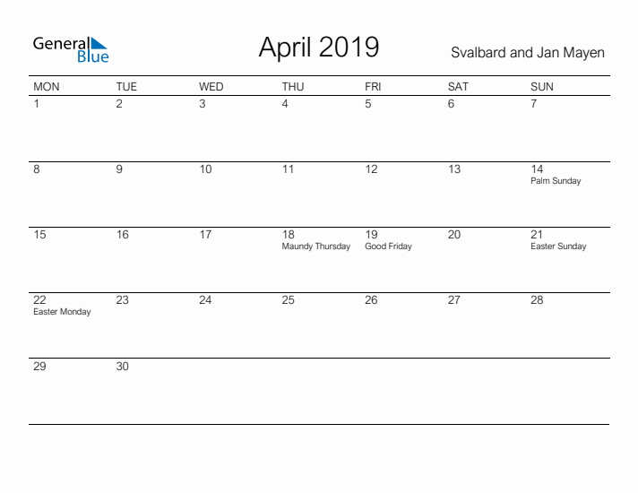 Printable April 2019 Calendar for Svalbard and Jan Mayen
