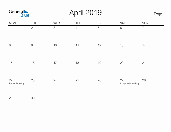 Printable April 2019 Calendar for Togo