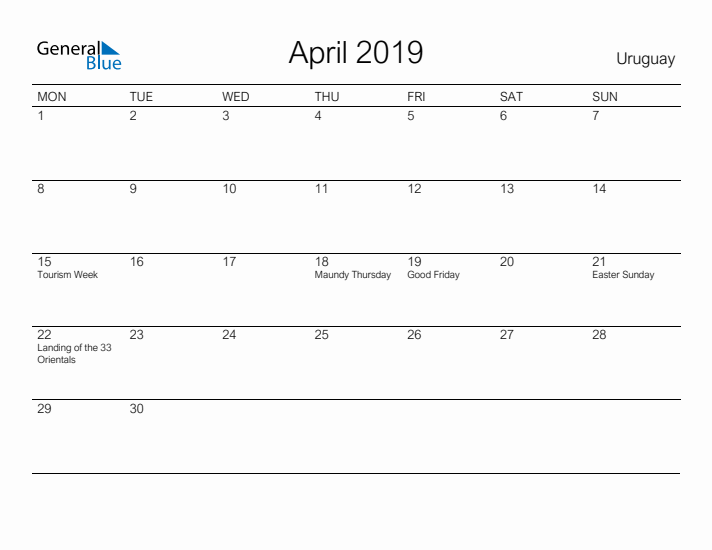 Printable April 2019 Calendar for Uruguay