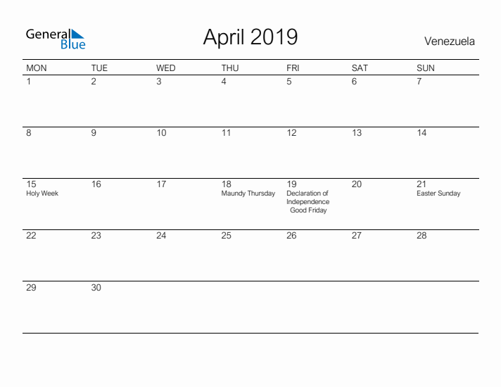 Printable April 2019 Calendar for Venezuela