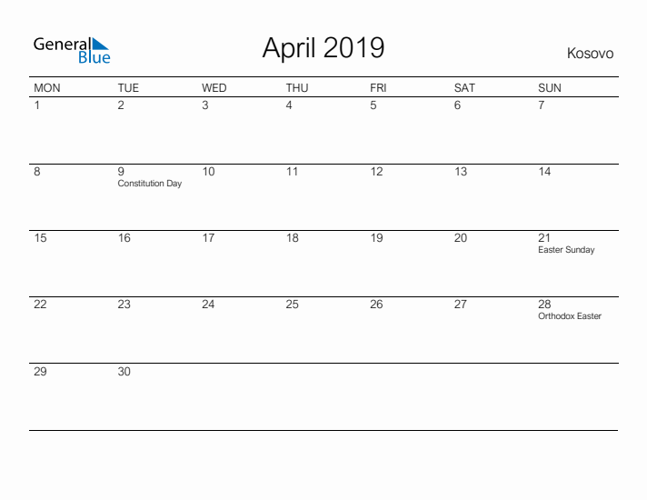 Printable April 2019 Calendar for Kosovo