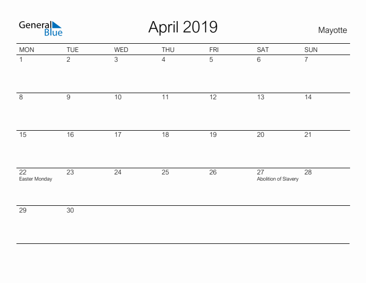 Printable April 2019 Calendar for Mayotte