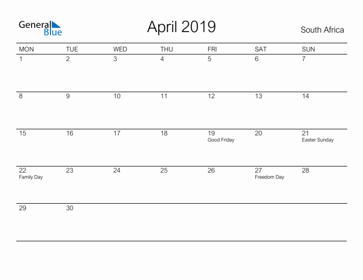 Printable April 2019 Calendar for South Africa