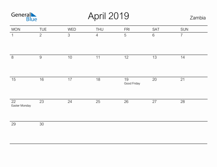 Printable April 2019 Calendar for Zambia