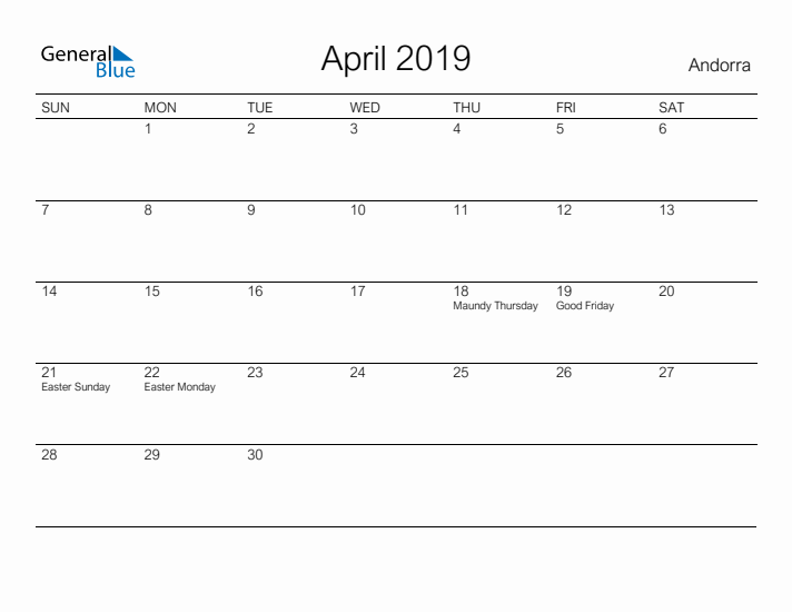 Printable April 2019 Calendar for Andorra