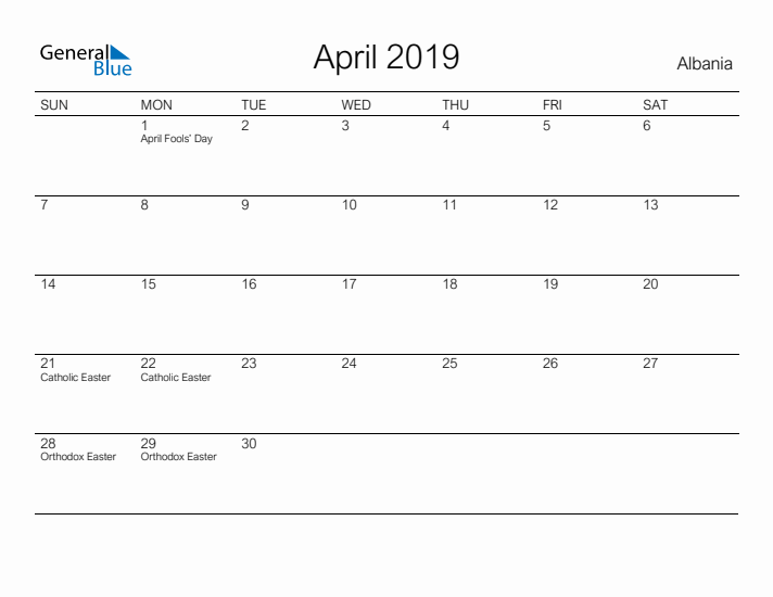 Printable April 2019 Calendar for Albania