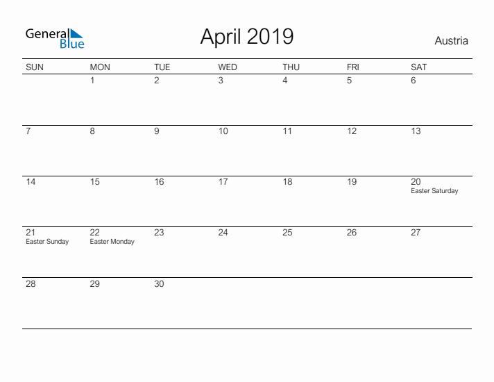 Printable April 2019 Calendar for Austria