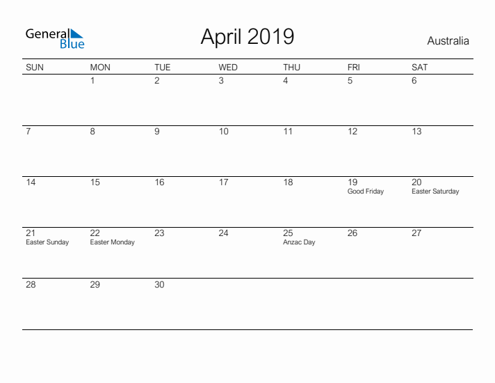 Printable April 2019 Calendar for Australia
