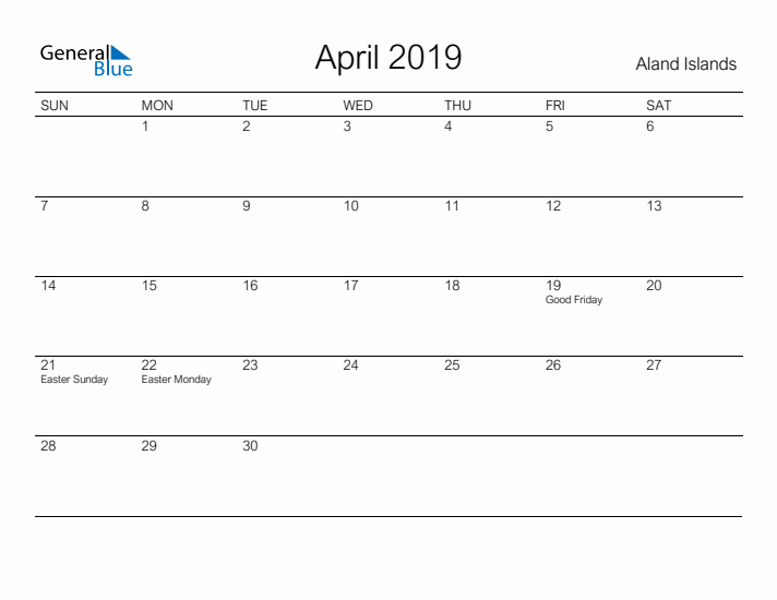 Printable April 2019 Calendar for Aland Islands