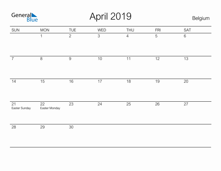 Printable April 2019 Calendar for Belgium