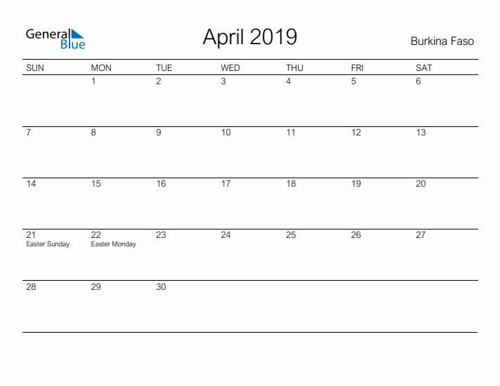 Printable April 2019 Calendar for Burkina Faso