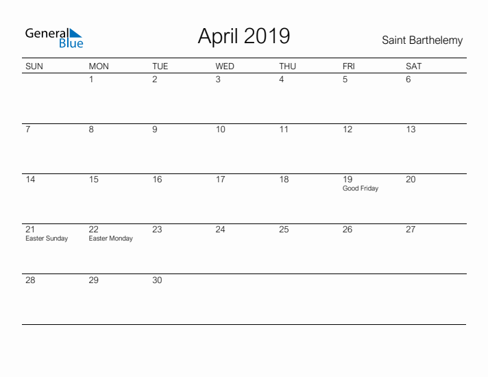 Printable April 2019 Calendar for Saint Barthelemy